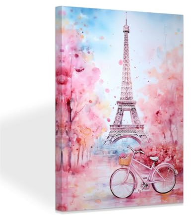 ZXHYWYM Abstrakte Paris Wanddekoration Eiffelturm Wandbilder rosa Landschaftsgemälde romantische Stadt Leinwanddruck für Mädchenschlafzimmer mit Rahmen (D (40.00 x 60.00 cms))