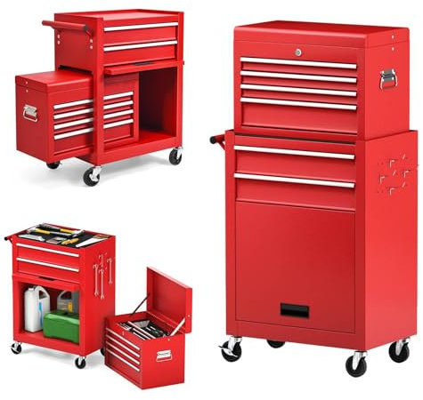 TANGZON Lockable Tool Cabinet, Rolling Tool Chest Combo with Storage Cabinet, 6 Drawers & 4 Wheels, Detachable Garage Workshop Tool Cart Trolley Toolbox Organizer (Red)