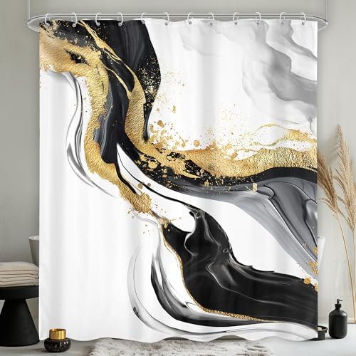 Omifly Rideau de douche en marbre noir, blanc et doré, 152,4 x 183 cm (l x H), abstrait, texture d'encre, minimaliste, gris ombré esthétique, fluide avec 12 crochets en plastique, tissu imperméable,