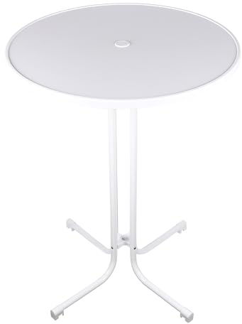 Stehtisch Partytisch runde weiße Platte D80 x H107 cm Holzwerkstoff beschichtet, Bartisch weißes klappbares Metallgestell, Biergartentisch mit Schirmloch, Bistrotisch für Innen u. Außen