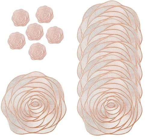 fanquare Set di 6 Tovagliette e Sottobicchieri Rosa Tovagliette Intrecciate in PVC Oro Rosa Tovagliette da Tavola con Fiori Scavati Tovagliette Lavabili per Sala da Pranzo Cucina Matrimonio 38cm