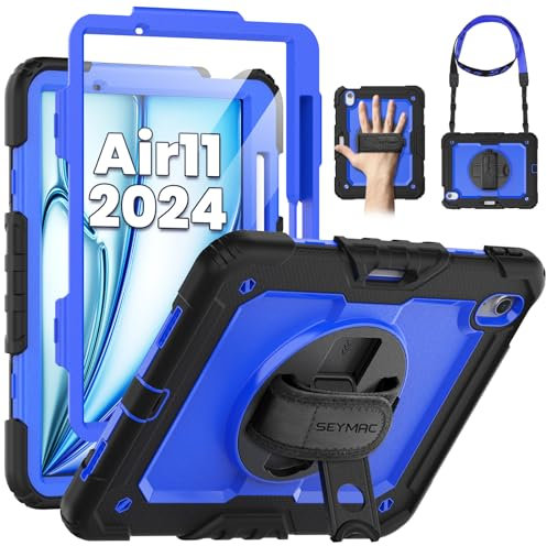 SEYMAC Hülle für iPad Air 11 Zoll M3 2025/M2 2024 (Air 7th/6th Generation), Heavy Duty Stoßfest Schutzhülle mit Displayschutz, drehbarem Ständer und Hand-/Schultergurt, Blau