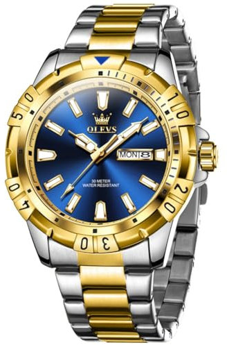 OLEVS Herren Uhr Gold und Silber Edelstahlband Analog Quarz Uhren für Männer Stylish Luxus Blau Großes Zifferblatt Uhren Wasserdicht Leuchtend mit Datum Herren Kleid Uhr