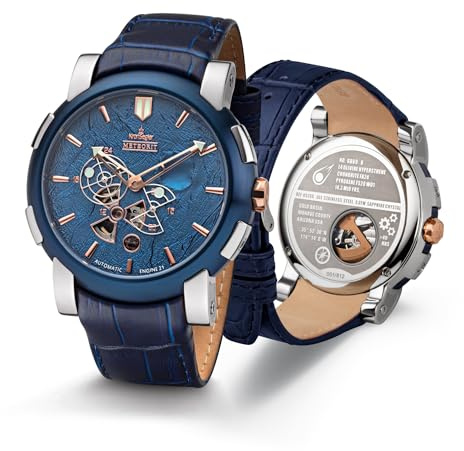 Kronsegler Meteorit Herren Automatikuhr Stahl - blau | Echtes Meteoritgestein | Blaues Zifferblatt – Lederarmband – Limitierte Edition