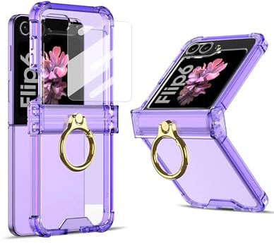 Jusy For Samsung Galaxy Z Flip 6 Case, 5G Clear Case with Hinge Protection, Built-in Back Screen Protector & Ring Kickstand, Full Body Rugged 4 Corner Airbags Shockproof Protection Cover, Purple