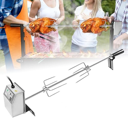 TANYEAR Brochetas para barbacoa de acero inoxidable con 4 agujas de carne, juego de pinchos giratorios para barbacoa de gas, pinzas para carne, barbacoa de 107 cm, barbacoa de pollo con motor 220 V –