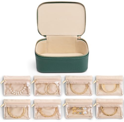 Vlando Travel Jewellery Box, Litchi Pattern Jewellery Organiser,Travel Jewellery Storage with 8 Velvet Jewellery Pouch,Travel Essentials for Women,Dark Green