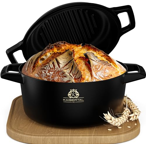KAISERTAL 26cm Gusseisen Topf Brot Backen - Eingebrannte Brotbackform mit Deckel - Brottopf zum Backen - Brotbacktopf, Brotbackset, Gusseisentopf Brotbacken, Brot Backen Zubehör, Brotform