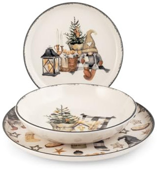 H&H, Servizio tavola 18 pezzi Country Winter, set tavola natalizio, elementi natalizi, in stoneware, lavabile in lavastoviglie