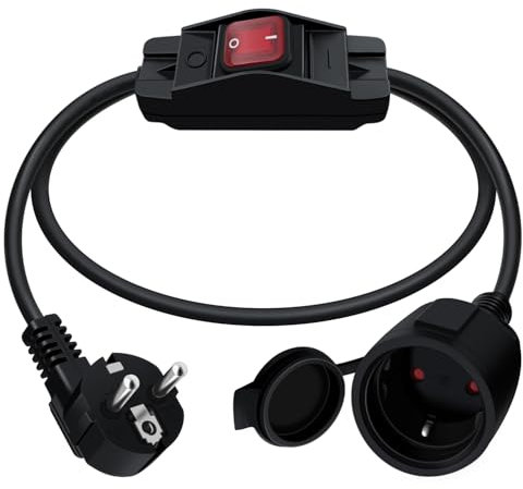 HuaLiSiJi 1.5m Schuko Verlängerungskabel Mit Schalter 16A 250V Schutzkontakt 3x1.0mm² IP44, für Außen Oder Innenbereich (90 Grad Schwarz)