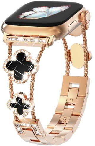 CHANCHY 38mm 40mm 41mm 42mm(series 10) für Apple Watch Armband, Damen Glücks Vierblatt Diamant Edelstahl Armband Ersatzarmbänder für iWatch Series 10/9/8/7/6/5/4/3/2/1/SE, Roségold/Schwarz