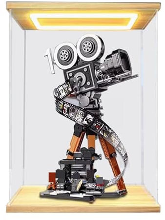 HCAEIOFJ Clear Acrylic Display Case for Lego Disne 43230 Applicable for Walt Disney Tribute Camera Display Box Gift(Display Case Only) (Wood Bottom+Top Light)