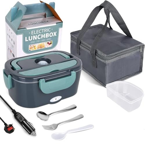 JIAKANUO Electric Lunch Box Food Warmer Portable Lunch Microwave Bento Box with SS Container 1.5 L Leak Proof, 230V/12V/24V for Car/Office/Trunk 3 in 1 with Fork&Spoon&Insulated Lunch Bag (Green)