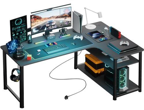 COMHOMA L Shaped Gaming Desk 130x80CM with Power Outlets Corner Computer Desk with Shelves Headphone Hook PC Table Workstation for Home Office Bedroom (Black, 130CM)