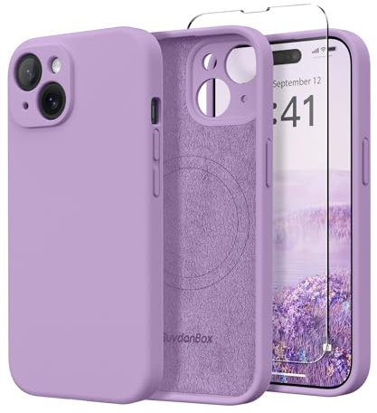 SuydanBox Magnetic for iPhone 15 Case, Compatible with MagSafe, [Screen Protector + Full Camera Protection], Silicone Shockproof Anti-Scratch Protective Phone Case for iPhone 15 6.1, Light Purple