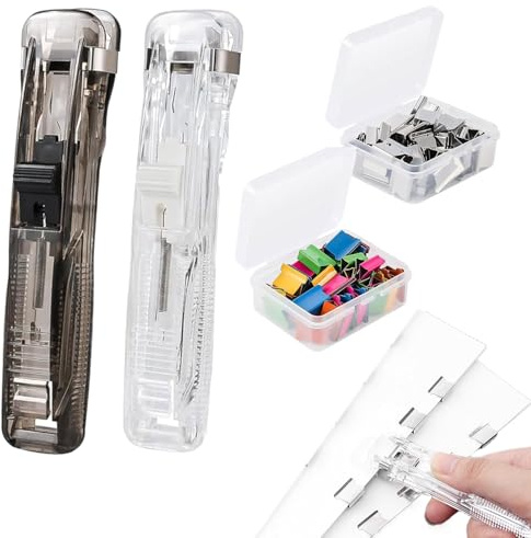102PCS Plastic Paper Clam Dispenser,2 Pcs Handheld Clam Clip Dispensers with 100 Portable Mixed Color Metal Refill Replacement Clips,Reusable Lightweight for School Office Home Foldback Clips