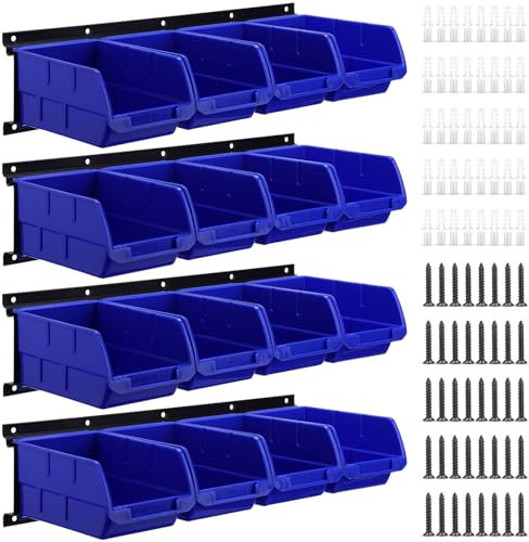 Maitys 16 Pcs Wall Mounted Storage Bins Plastic Hanging Stackable Storage Bins Parts with 4 Pcs Horizontal Shelf Trays Screw Organizer Hardware Tool Organizer for Workshop, 6.3x 3.2 x 4 Inches(Blue)