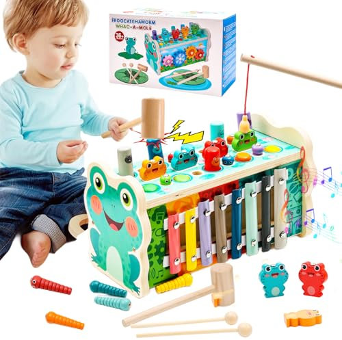 Jouet Bebe 1 An, Montessori 1 An, 6 en 1 Jouet Enfant 1 An, Jeux Montessori 1 An, avec Jeu Marteau/Pêche/Xylophone Bebe, Jouet en Bois Bebe 1 An, Cadeau Bebe 1 An, pour 3 4 5 6 Ans Fille et Garcon