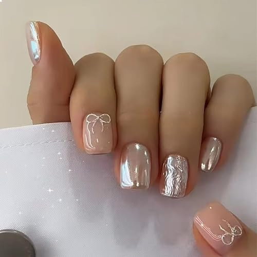 GlamRays Kurze Press on Nails Quadratisch Silberweiß Spiegeleffekt Falsche Nägel Akrylnägel Press ons Nagelkunstspitzen Ombré-Bow-Design Vollumfängliche Nägel Nude Pink 24 Stück