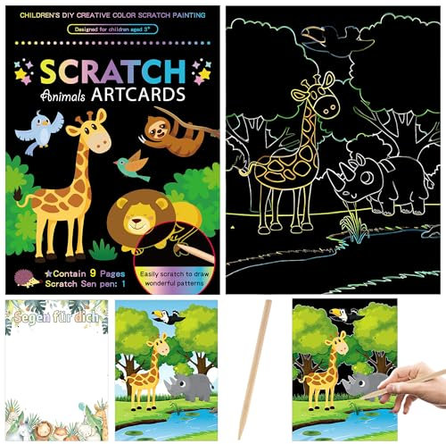 KAOTPO Kratzbilder Set DIY Kratzbilder Bastelsets für Kinder, Magic Scratch Book Art Painting DIY Kratzpapier Set mit Kratzstift Geburtstagsgeschenk für Jungen Mädchen (Tier)