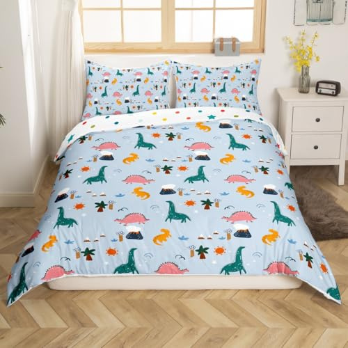 Homemissing Dinosaurier Bettbezug 140 x 200 cm, Blau, für Kinder, Dinosaurier, Bettwäsche mit 1 Kissenbezug 65 x 65 cm, niedliches Tiermotiv, Set für Jugendliche, Dekoration, 2-teilig