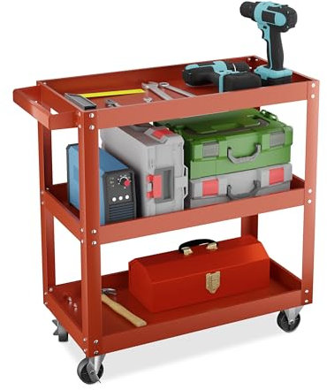 Relaxdays Carrello Portautensili Officina, Carrellino a 3 Ripiani Porta Attrezzi Lavoro, 76x78x35 cm, Max. 100 kg, Rosso, Gomma, Ferro, Acciaio