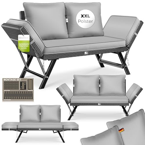 KESSER® Gartenbank Polyrattan Luna mit Liegefunktion Gartensofa 4 in 1 Verstellfunktion Gartencouch Wetterfest Balkonsofa Verstellbare Armlehnen, Extra Dicke & Weiche Polsterung Garten/Balkon/Terrasse
