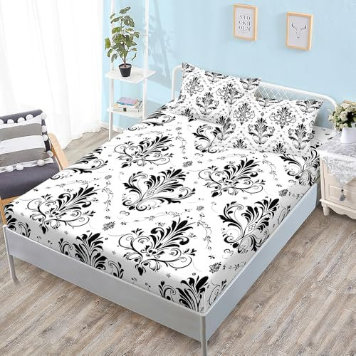 Spannbettlaken 180x200cm Elegantes Schwarz Weiß Betttuch Bettlaken 180x200 Polyester Spannbetttuch Bettbezug 180 x 200 Atmungsaktiv Bed Linen Knitterfrei Bettbezug 30cm Tiefe Matratzenbezug