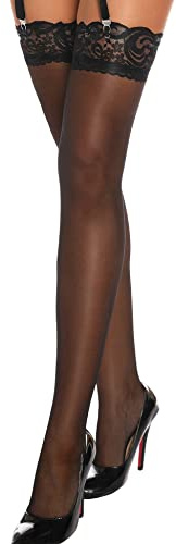 EVELIFE Women Hold Up Stockings Lace Thigh Bands Anti-skid Silicone Silk Stocking High Stocking(Blck,XL)