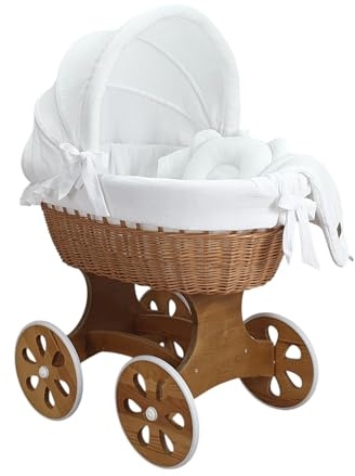 Wiklinopol Stubenwagen, Moseskorb Baby mit Gestell Annabell – Bollerwagen mit Rollen aus Naturweide – inkl. Matratze & 5-TLG. Weiß Musselin-Bettwäsche – Korb: Natur