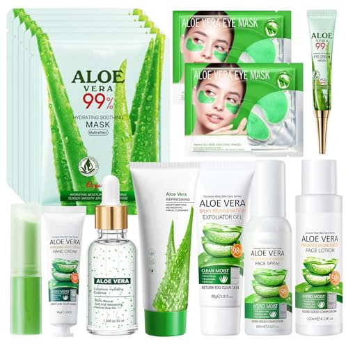 15 Pezzi Aloe Vera Skincare Set, Kit per la Cura della Pelle Aloe Vera | mit Serum, Cleanser, Toner, Lippenbalsam, Maske, Handcreme, Aloepflanze Beauty-Geschenksets für Mädchen und Frauen