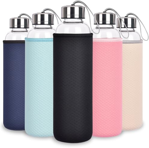 Ferexer Glass Water Bottle 1L with Carrying Cord, 1000ML Borosilicate Glass Leak-Proof BPA-Free Glass Drink Bottles for Coffee, Tea, Juice, Milk, Microwave and Dishwasher Safe (1-Pack, Black)