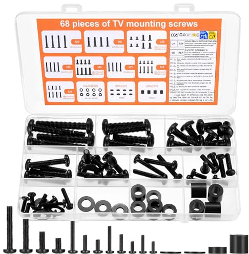 68 piezas de tornillos VESA, juego de tornillos M4 M5 M6 M8 para montaje en pared de TV, juego universal de tornillos para TV para soportes de TV y soportes de monitor de hasta 80 pulgadas, con