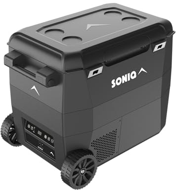 Kompressor Kühlbox 56 Liter mit Rädern - 12/24V elektrische Auto Kühlbox - Gefrierbox bis -20 Grad - Camping Kühlschrank - abnehmbare Griffe, integrierte Flaschenöffner, Rollen