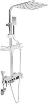 DioPaiB Duschsystem Regendusche Duschset mit Armatur, Dusche Komplett mit Handbrause, Duschgarnitur Set mit LED-Anzeige & Aufbewahrungskorb, Überkopfbrause Set 10-100℃, Höhenverstellbar 75-110cm