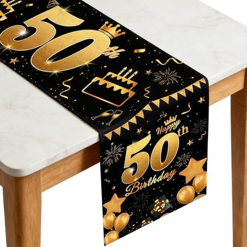 50.Geburtstag Tischdecke Schwarz Gold 180x35 cm | Tischläufer für 50. Geburtstag, Wiederverwendbar & Waschbar, für Geburtstagsdekoration, Runder Geburtstag