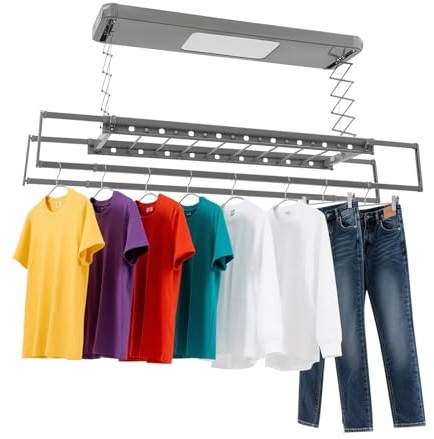 DunleyMin Elektrischer Wäscheständer Deckenmontage Wäscheständer Ausziehbarer Wäschehalter LED Beleuchtung Deckenlift Deckentrockner für Balkon, Bad (Grau)