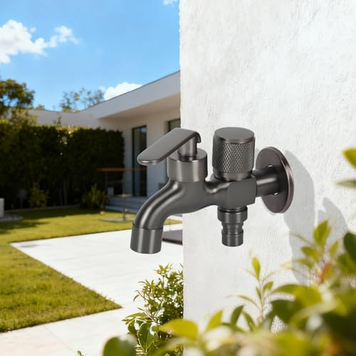 Doppio rubinetto da 1/2, in acciaio inox, rubinetto da giardino multifunzione 1 in 2, per giardino, lavatrice, cucina, bagno (grigio)