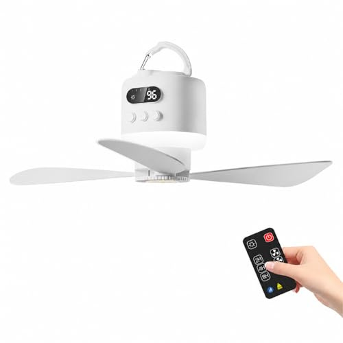 15600 mAh Camping Ventilator Batteriebetrieben,Deckenventilator Akku mit Beleuchtung Camping, ,USB Wiederaufladbar mit Fernbedienung, C-amping Ventilator Akku für Angeln, Wandern, Outdoor (white)