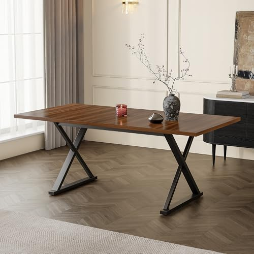 phosir Esstisch 180 x 90 cm, moderner Küchentisch mit X-förmigen Metallbeinen, Stabiler Holztisch für 6-8 Personen in Walnuss & Schwarz für Esszimmer, Küche, Wohnzimmer