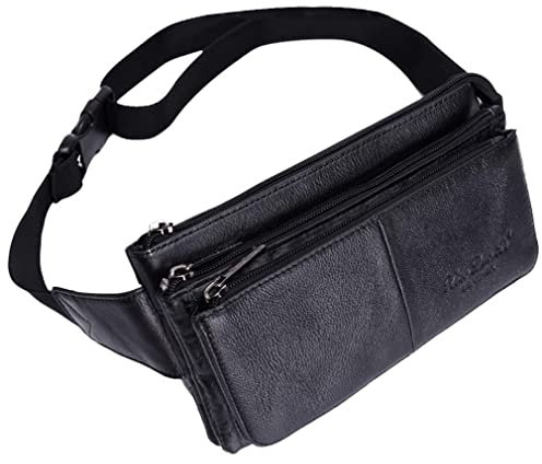 Leder Bauchtasche Gürteltasche für Männer Frauen Outdoor Reisen Jagd Wandern Camping Hüfte Gürtel Handy Geldbörse Brieftasche Tasche, Schwarz