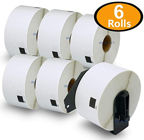 BETCKEY - 6 Rollen DK-11208 Etiketten mit NUR 1 Wiederverwendbaren Etiketten Haltern, 38mm x 90mm, Schwarz auf Weiß, 2400 Große Adressetiketten für Brother QL Etikettendrucker