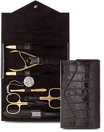 nippes Solingen Premium Line Maniküre Set Croco, 7-teilig, Vernickelt und vergoldet, Vergoldetes Nagelpflege Set, Rindsleder-Etui im Kroko-Design, Maniküre Pediküre, Made in Germany