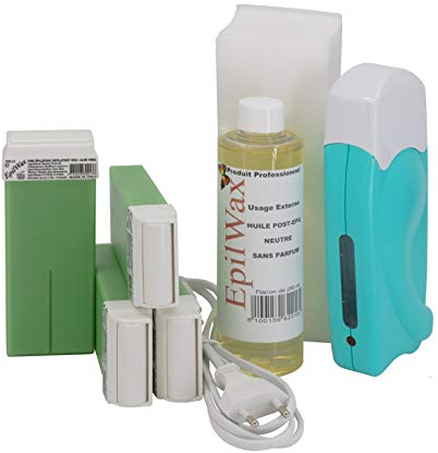 EpilWax Wachswärmer Waxing Set für Enthaarung Haarentfernung - Mit 4 Aloe Vera Roll On Wachspatronen, Waxing Gerät, 100 Vliesstreifen und Nachbehandlungsöl