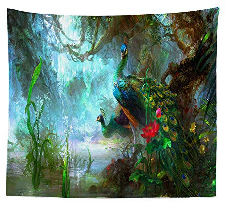 BOYOUTH Tapisserie-Wandbehang, ein Paar Pfauen im Fantasiewald, Digitaldruck, Wandteppich, Kunst, Heimdekoration für Wohnzimmer, Schlafzimmer, Schlafsaal, 199,9 cm breit und 150,1 cm hoch