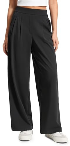 CRZ YOGA Damen 4-Wege-Dehnbar Anzughosn Weites Bein Bürohosen Hohe Taille Lässig Chino Hose mit Taschen - 74cm Schwarz 42