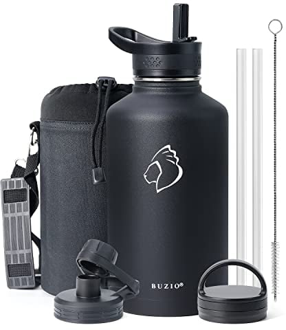BUZIO Insulated Water Bottle with Straw 2L, Stainless Steel Insulated Water Bottle, Half Gallon Canteen Metal Thermo Mug Hydro Jug, Double Vacuum Hot Cold Water Bottles Carrying Pouch, Black