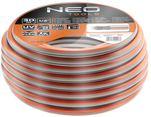 NEO TOOLS Gartenschlauch 1/2 Zoll, 30 m Länge, 4-lagiger - UV-beständig, Flexibel Schlauch, Food Safe – Trinkwasserschlauch - Wasserschlauch aus Erst-PVC mit Anti-Algen-Innenausstattung - Optima Serie