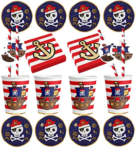 40 Tlg. Set Geschirr Piraten Party Kindergeburtstag Teller Becher Servietten Schatzsuche Piraten Partygeschirr Pappgeschirr für bis zu 8 Kinder