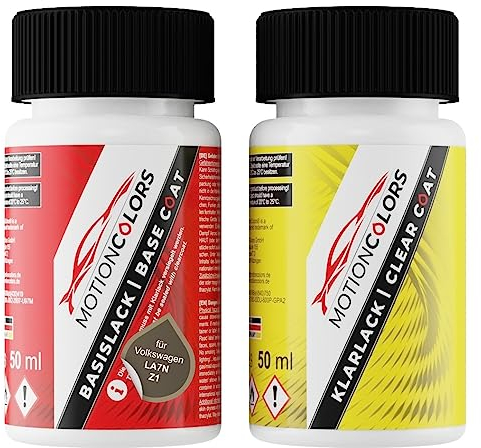 MOTIONCOLORS Limestone Grey Metallic LA7N / A7N / Z1 für Volkswagen/VW Autolack Lackstift Set Basislack und Klarlack je 50ml
